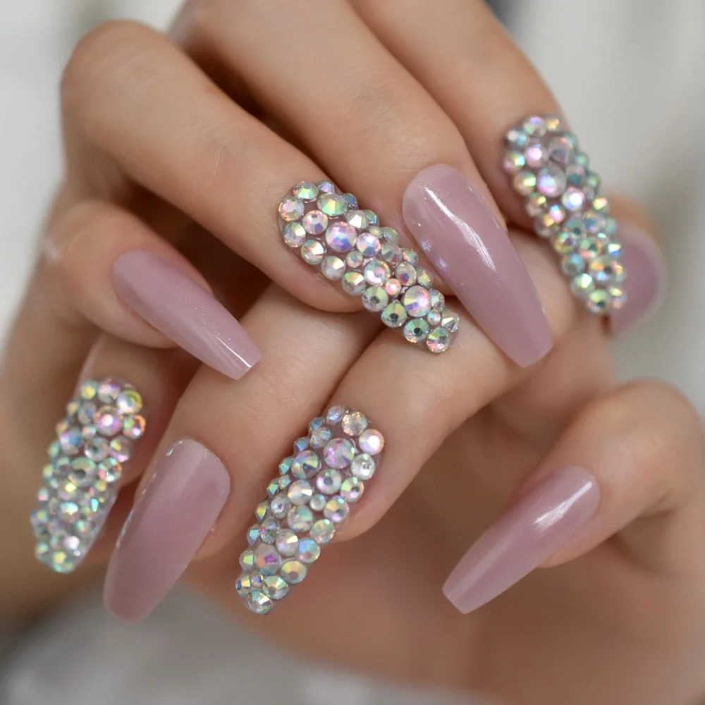 Salon Perfect Artificial Nails 3D Rhinestones Decorative White Nude Faux Ongles Long Ballerina Trapezoid Tips-Nail Inspo