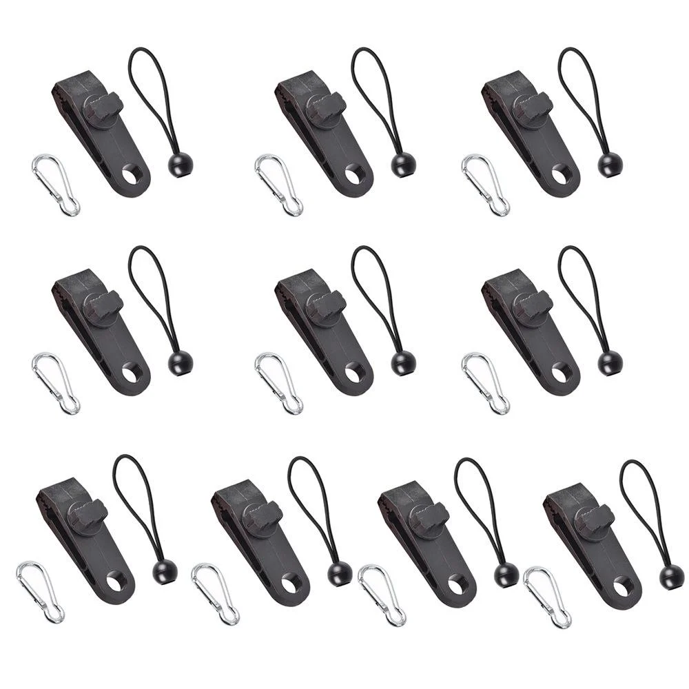 Outdoor Windproof Canopy Fixed Tent Clip Rope Buckle Set 10 Clips+10 Black Ropes+10 Silver Buckles