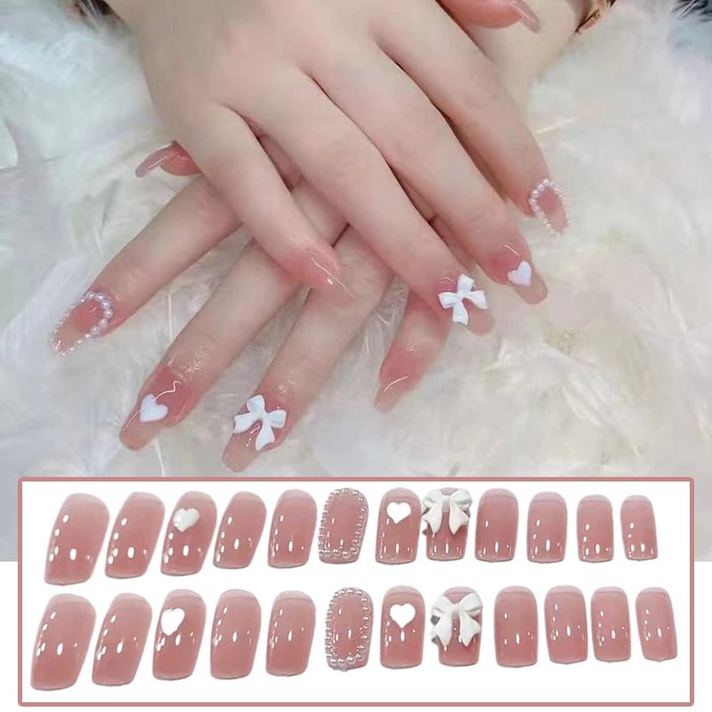 Agreedl Set Press On With Designs Pink Ballet Nails Long Paragraph Fake Nail White Bow & Pearl Finished Nail Piece Friee Shipping