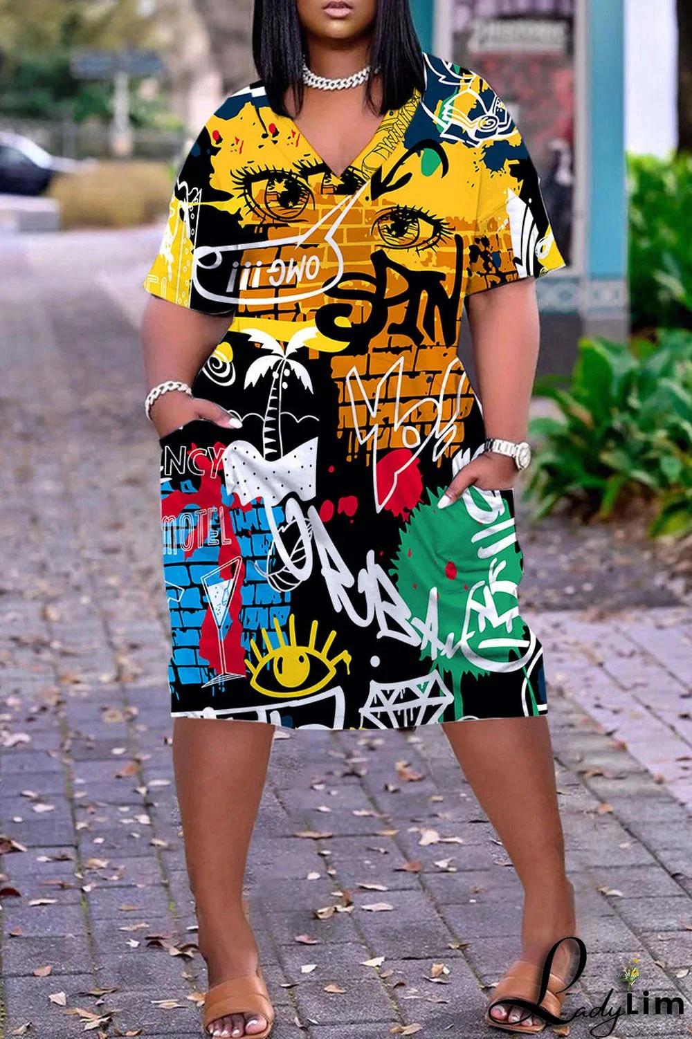 Light Brown Casual Work Print Patchwork V Neck Straight Dresses