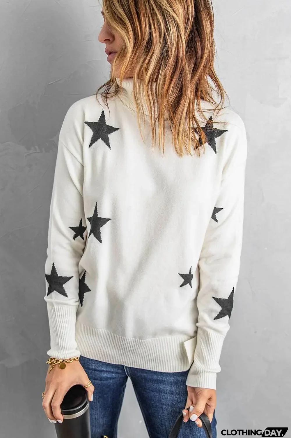 White Turtleneck Dropped Sleeve Star Print Sweater