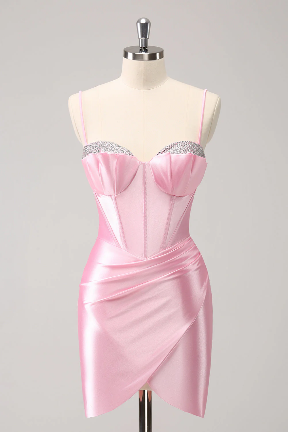 Lisliy Chic Light Pink Spaghetti Strap Sleeveless Beadings Short Homecoming Dress with Pleated 
