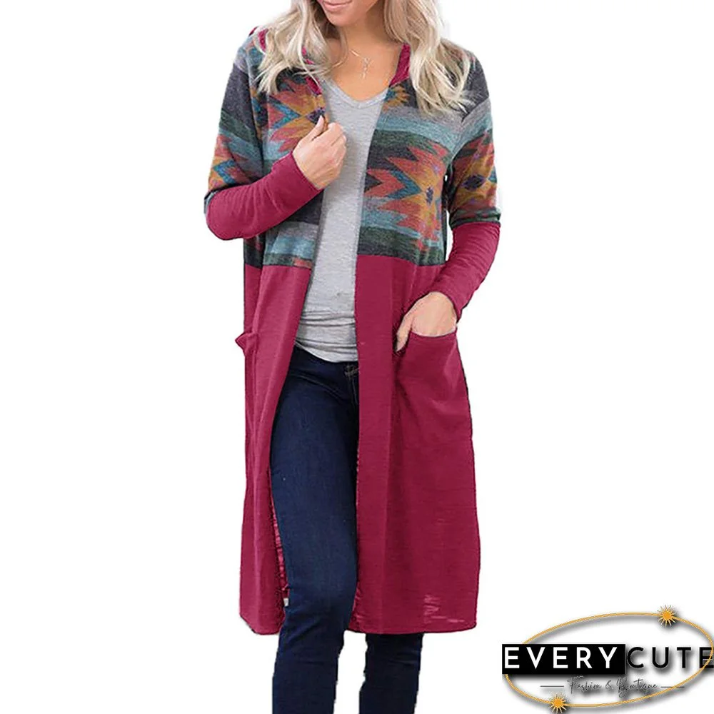 Rosy Aztec Open Long Cardigan with Pockets