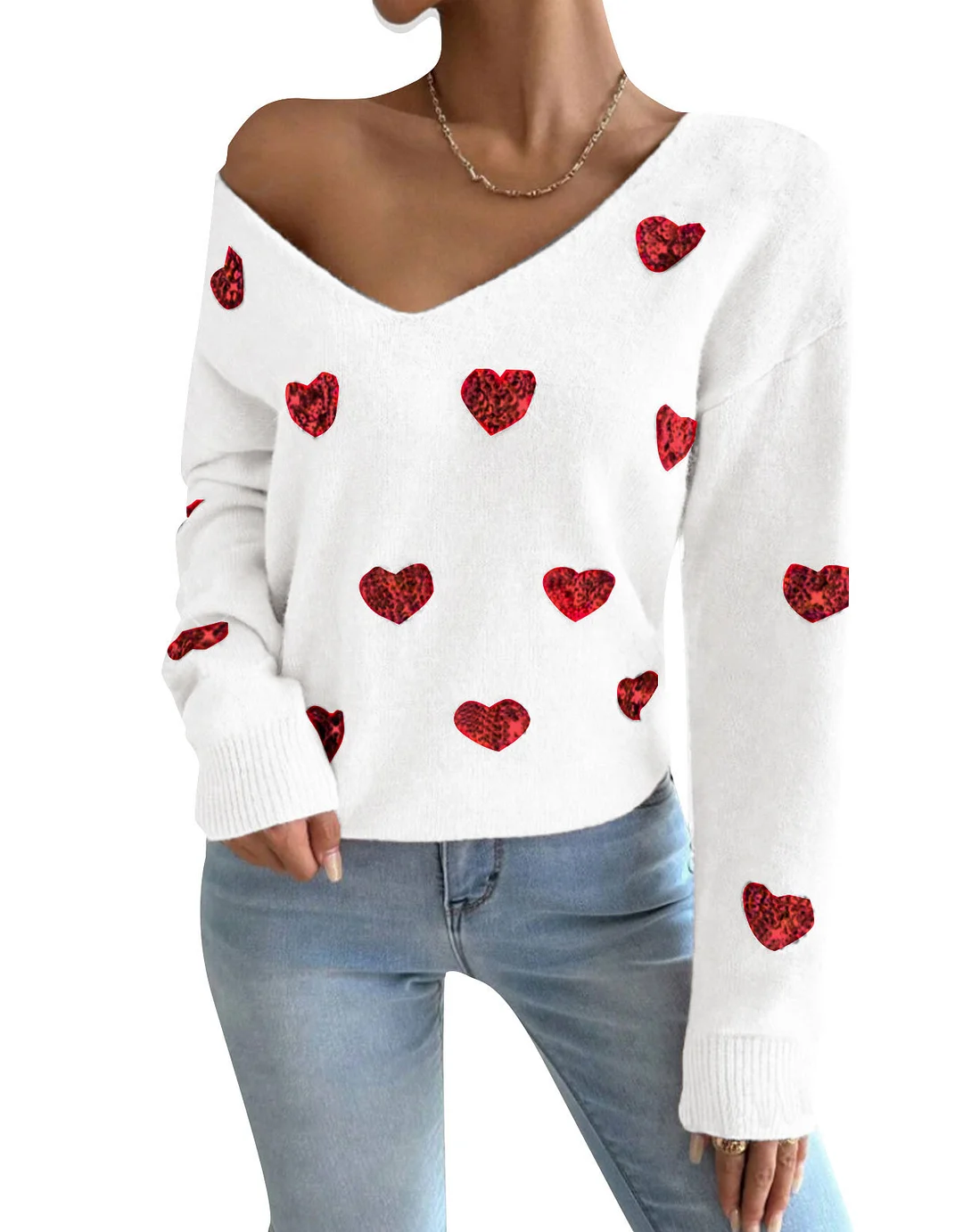 Athvotar Athvotar And Winter Valentine's Day Design Slid Love Embroidery V Collar Sweater Female Top
