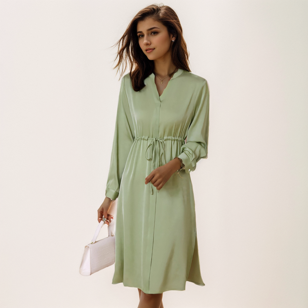Robe en soie à lacets de couleur pure- SOIE PLUS