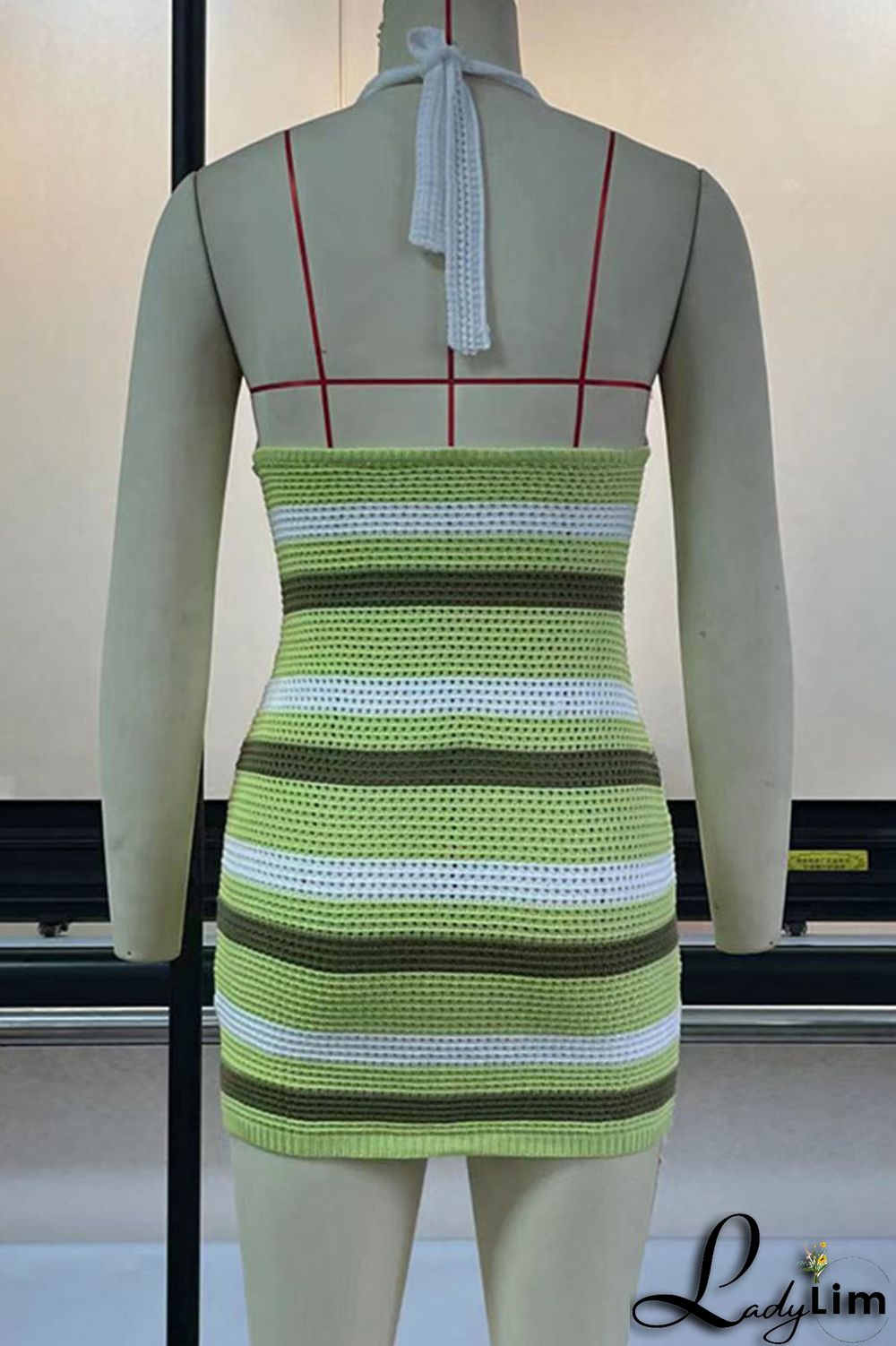 Green Sexy Print Split Joint Backless Halter Pencil Skirt Dresses