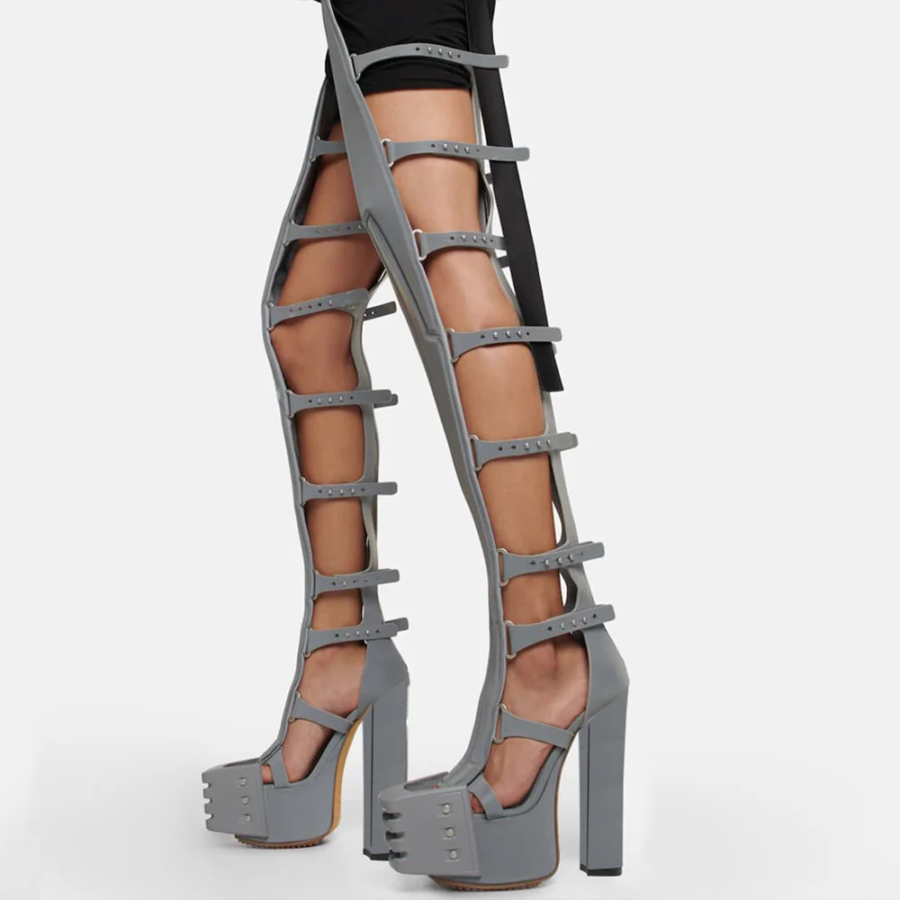 Grey Platform Boots Leather Hollow Strap Chunky Heels Nicepairs