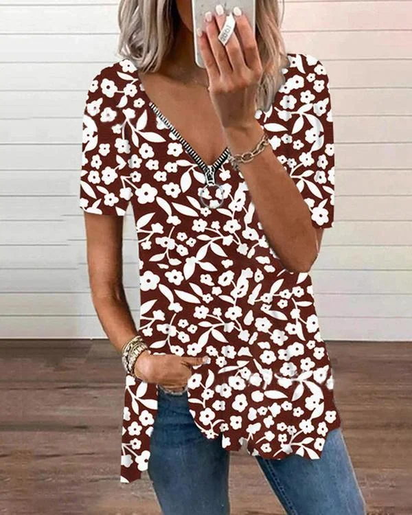 Zipper Flower Print Short Sleeve Tops