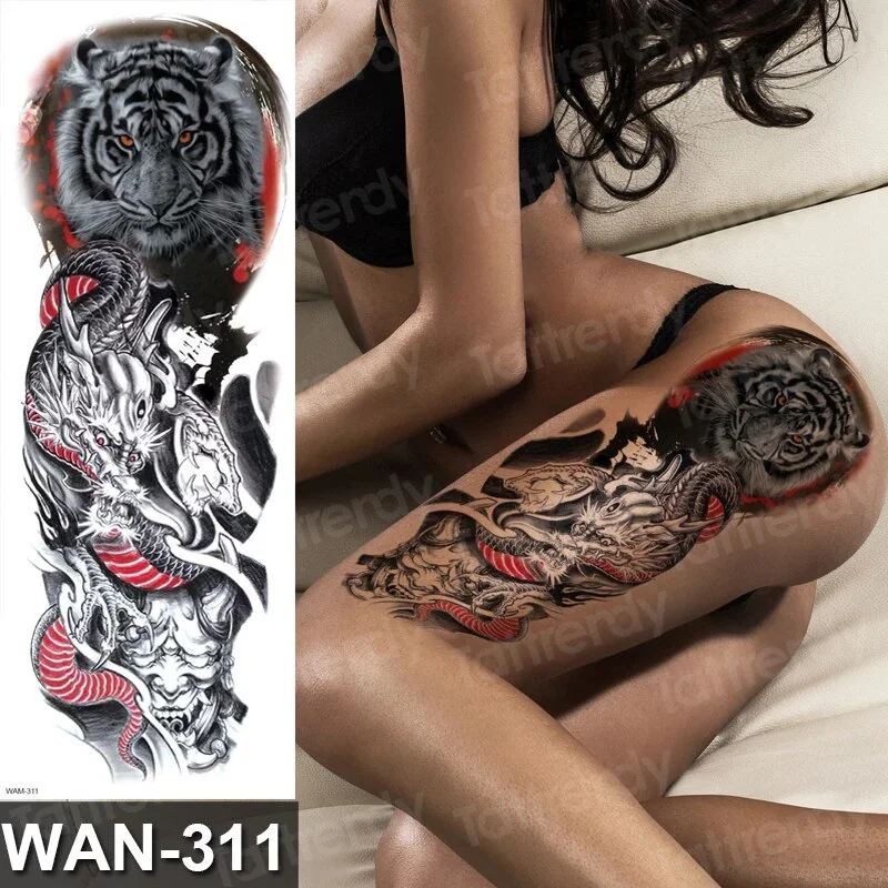 Sdrawing Size Leg Thigh Temporary Tattoo Stickers Full Arm Sleeve Wolf Carp Fox Peony Flower Fake Tattoo Sleeves Sexy Body Painting