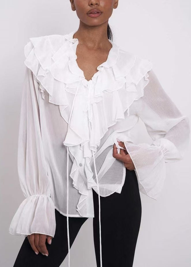 French White Ruffles Chiffon Sheer Shirts Summer