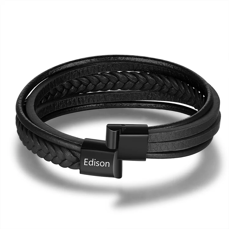 Personalized Men Bracelet Leather Braided Multi-Layer Bracelet Black