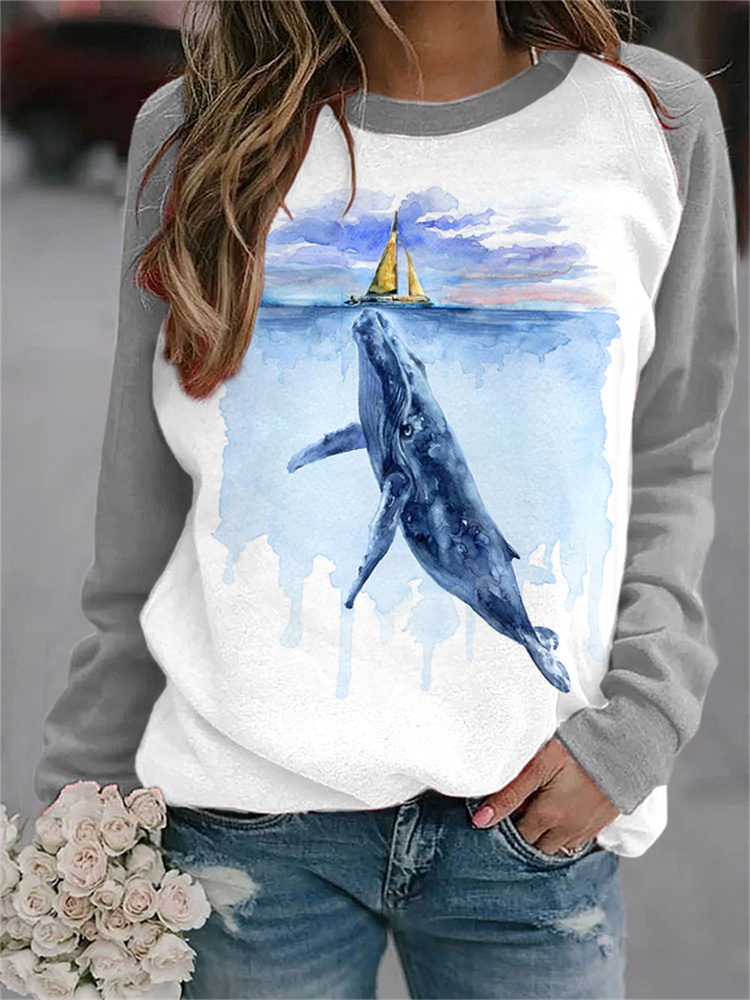 Cute Whale Print Casual Sweatshirt  artssus