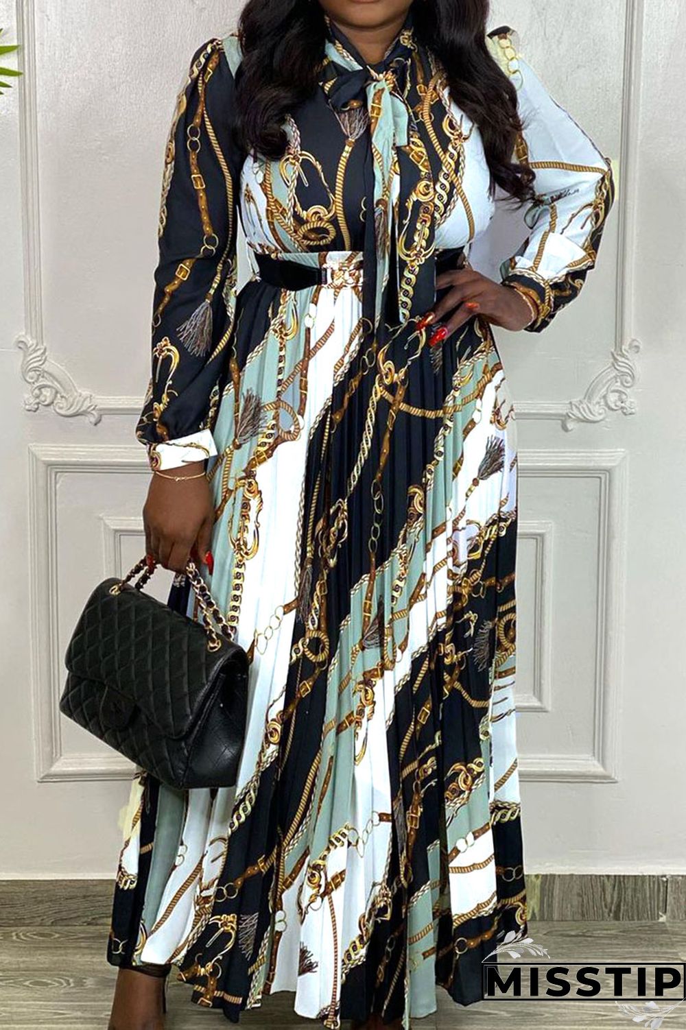 Black Casual Print Patchwork Fold O Neck Straight Dresses