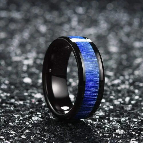 6MM 8MM Women Men Tungsten Matching Black Rings With Blue Gold Wood Inlay High Polish