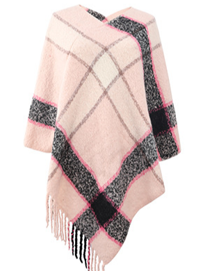 Faux Cashmere Contrast Striped Cape Knitted Tassel Scarf Shawl