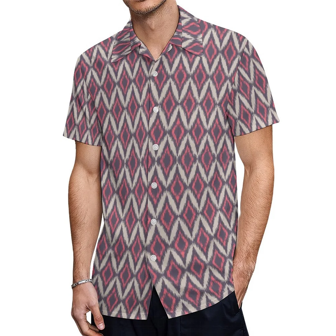 Pink Coral Gray Ikat Diamond Geometric Hawaiian Shirt Mens Button Down Plus Size Tropical Hawaii Beach Shirts