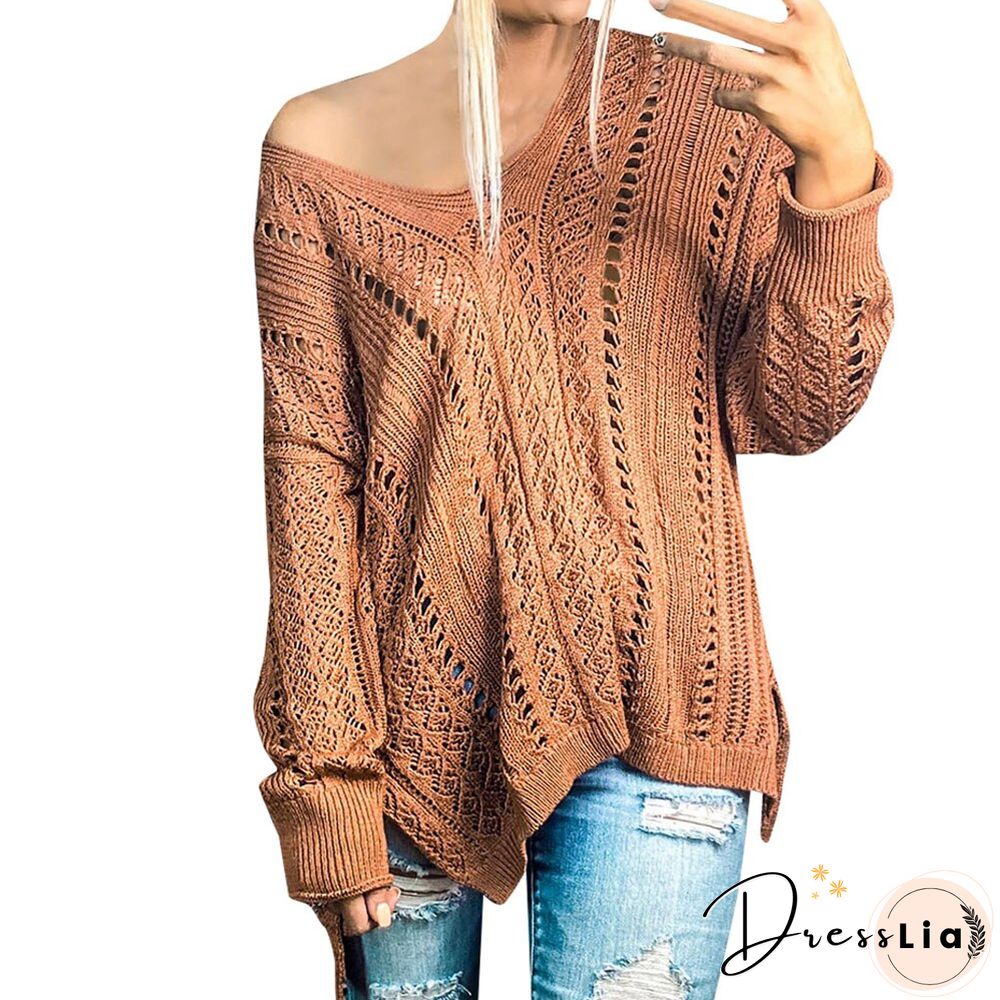 Women Winter V-Neck Sweaters Vintage Hollow Out Pullovers Sweater Ladies Solid Colour Hollow Out Pull Femme jersey mujer D30