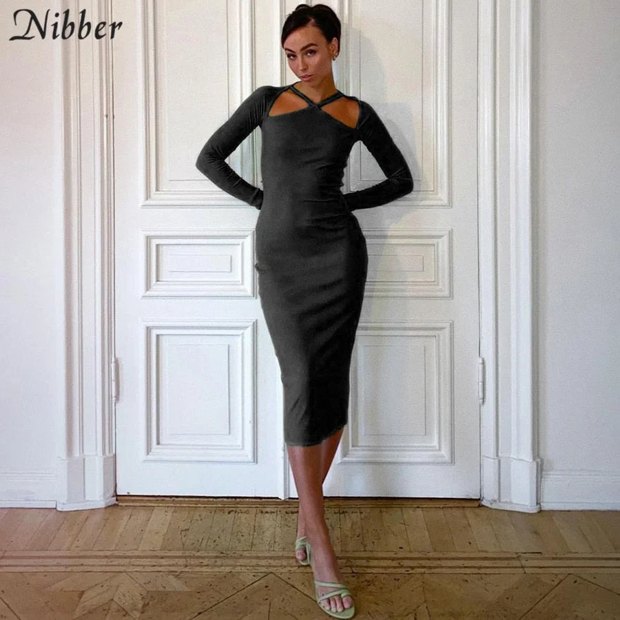 Nibber Elegant Tight Cotton Midi Dress Autumn Street Fashion Gothic Long Sleeve 2020 Simple Activity Casual Female Party Dress