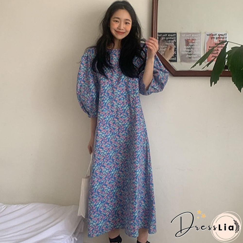 new style small fresh oil painting broken flower literary mid-length temperament dress women