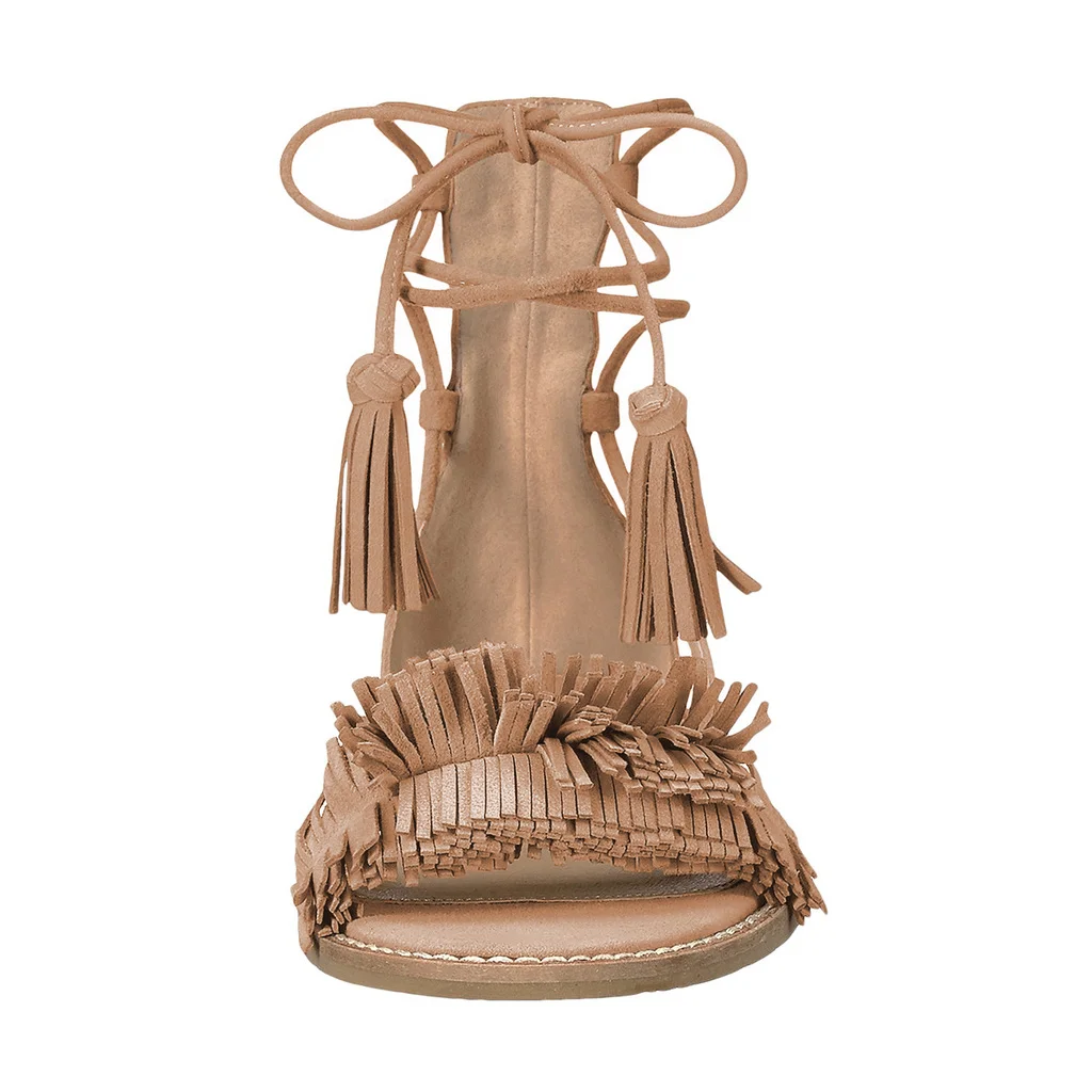 Women's Faux Suede Round Toe Lace-Up Flat Comfy Sandals in Beige