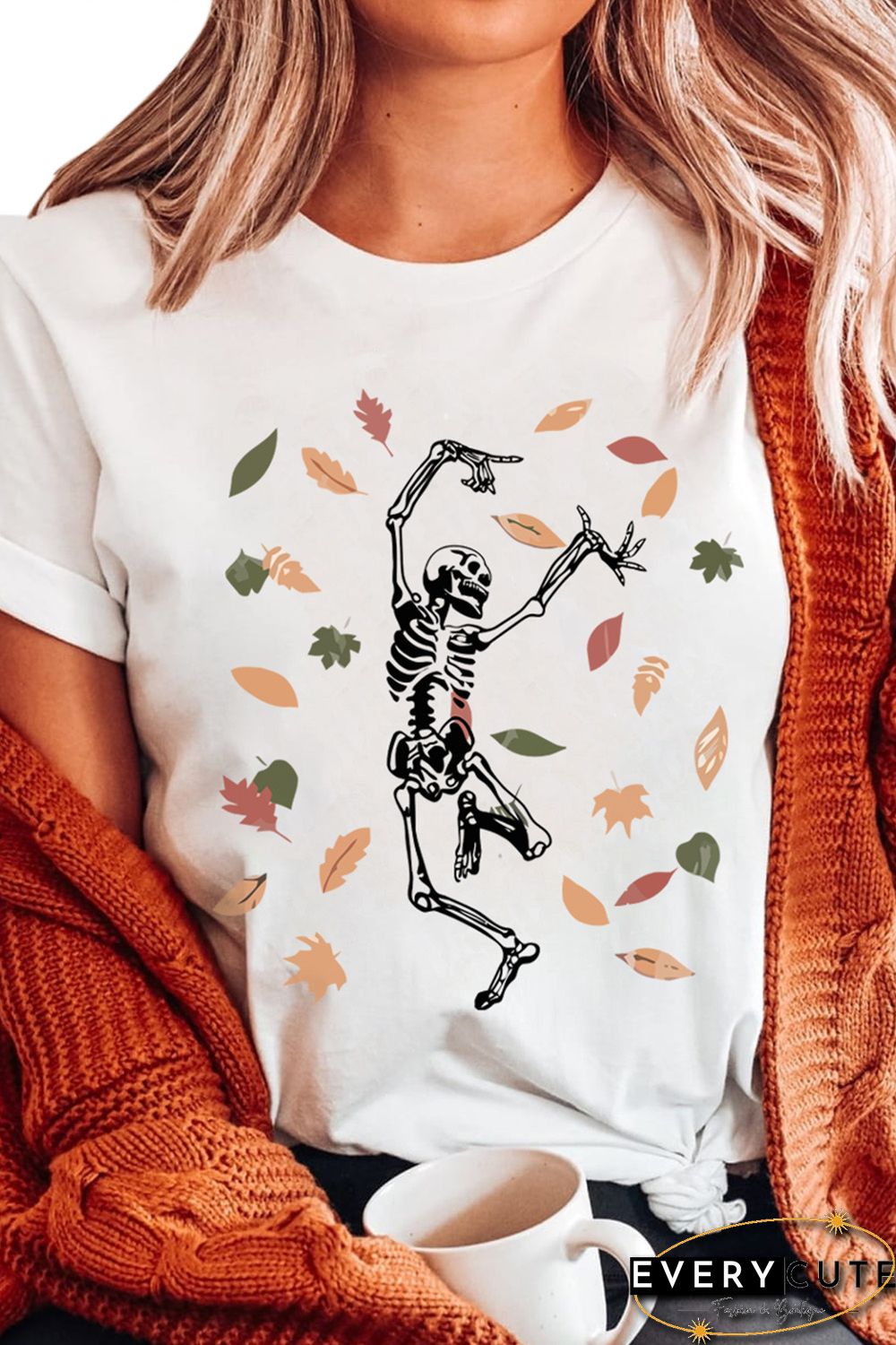White Skeleton Leaves Graphic Print Short Sleeve T Shirt