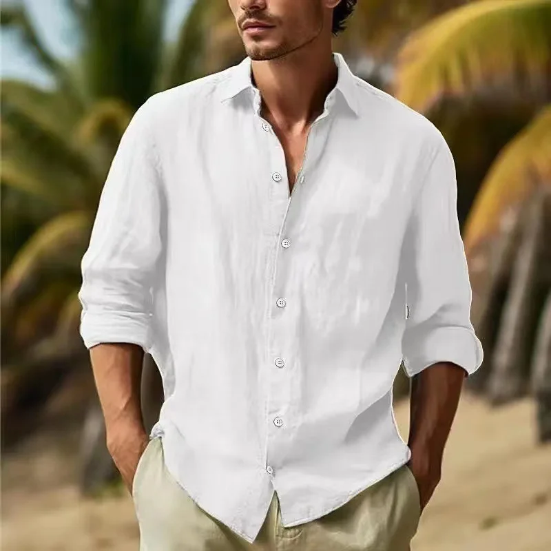 Uveng Uveng Men's Linen Shirt Button Shirt Summer Beach Shirt Pure Color