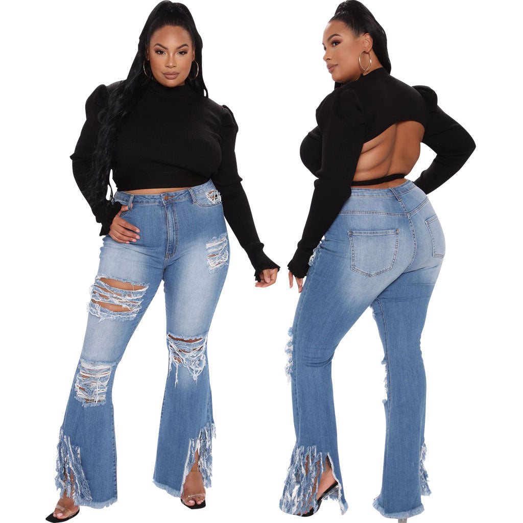 Plus Size Plus Size Tassel Hole Stretch Slim Fit XL Bell-Bottom Pants