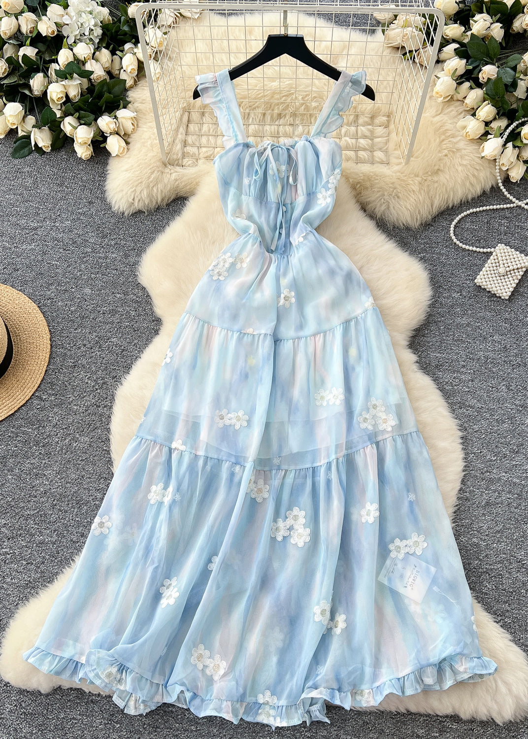 French Sky Blue Embroidered Chiffon Sundress Summer — free download