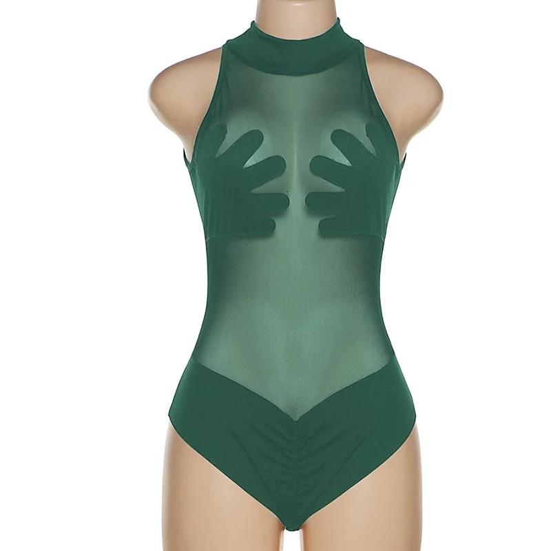 Uveng 2024 Summer New Women's Sexy Perspective Mesh T-Shirt Bump Color Splicing Repair Body-Joint Clothing Woman