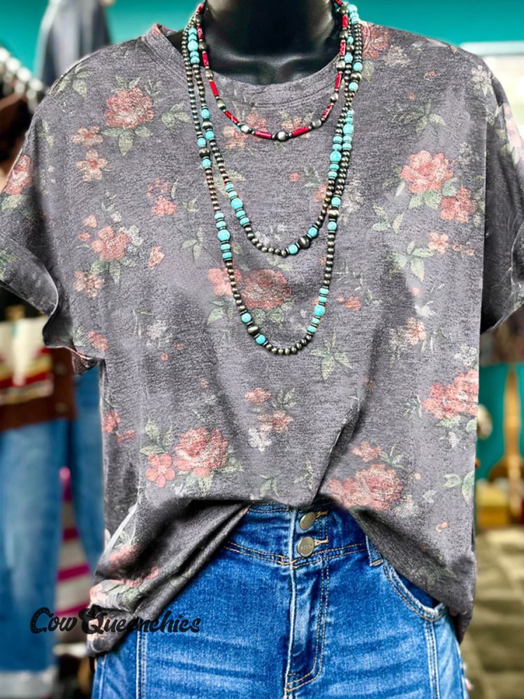 Simple Rose Floral Printed Casual T-shirt Gray / S