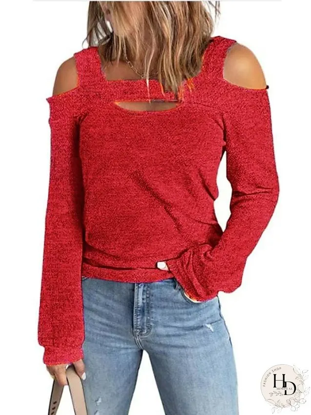 Blouse Hollow Out Plain Basic Off Shoulder Standard Spring & Fall Black Pink Red khaki Grey for Women