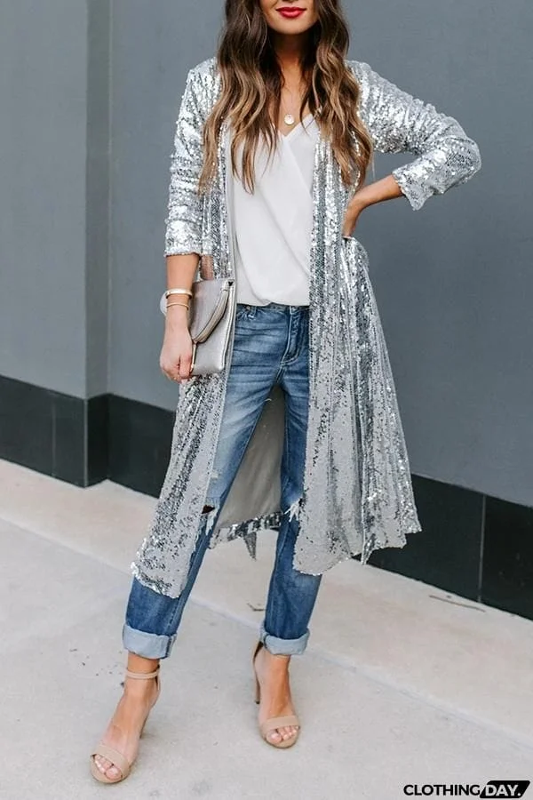 Sequin Collarless Belted Long Duster Coat