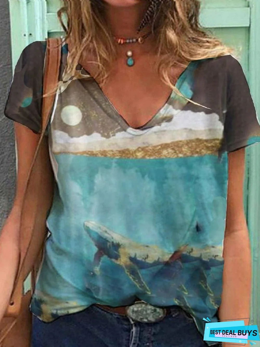 Ocean Whale  V Neck Ombre/tie-Dye Short Sleeve T-shirt