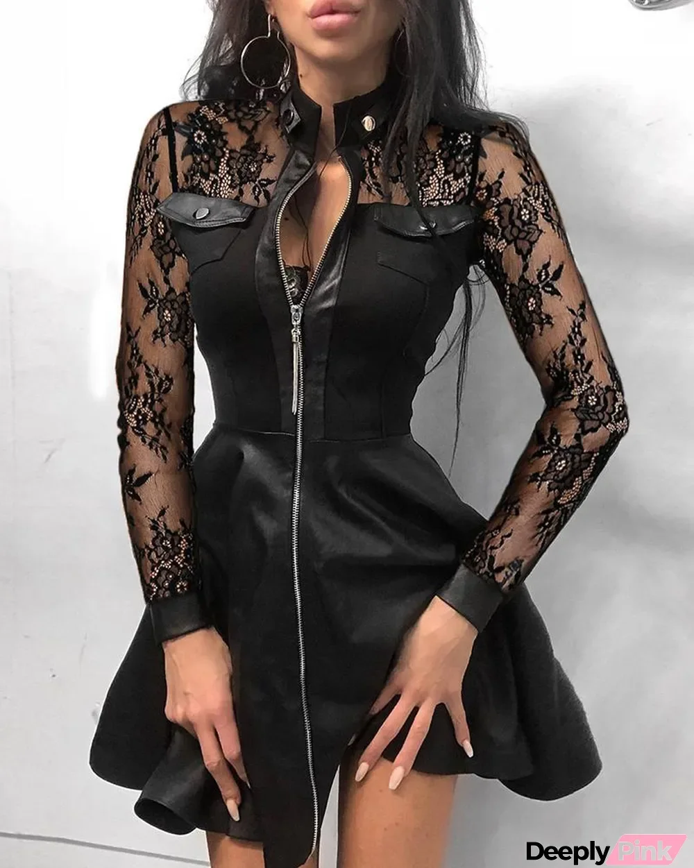 Winter Black Lace Patchwork Zip Up Vintage Skater Dress