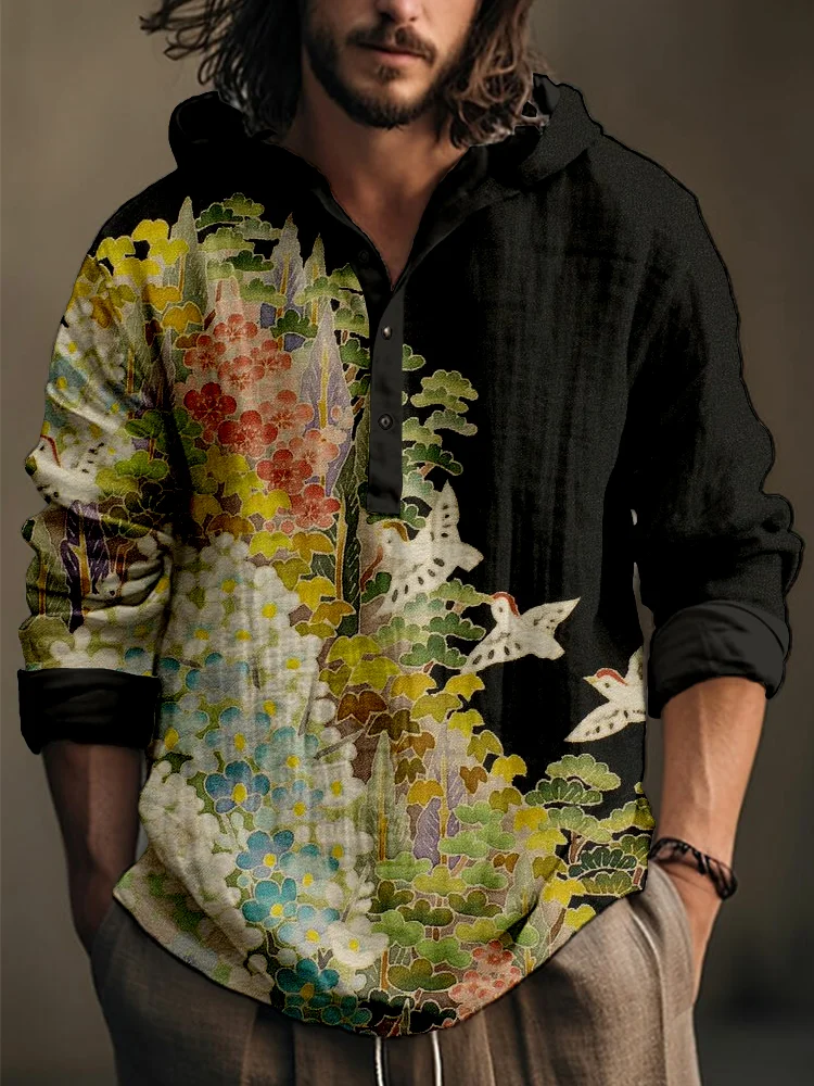 Japanese Art Painting Pattern Linen Blend Hooded Shirt