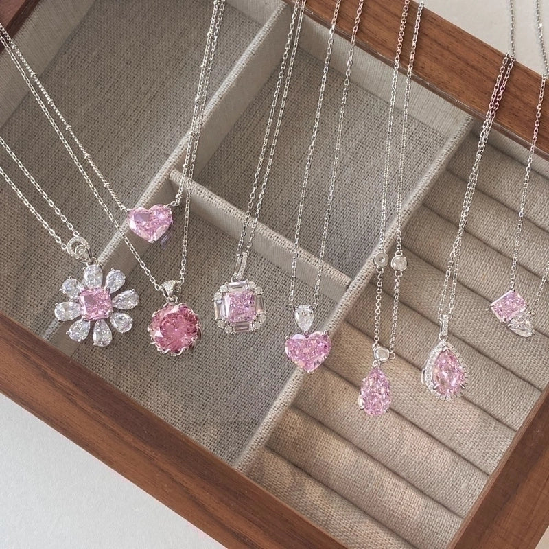 925 Sterling Silver Zircon Cable Chain Plating Inlay Water Droplets Flower Pendant Necklace