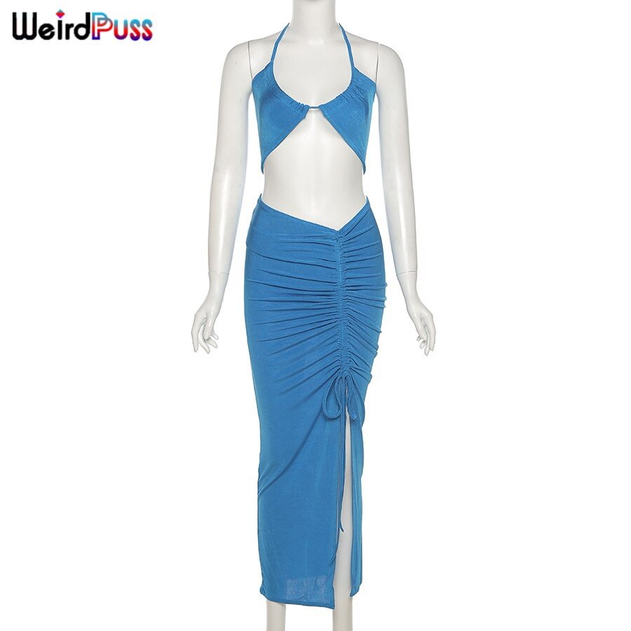 Weird Puss Sexy Two-Piece Women Skinny Bandage Halter Corset Top+Side Slit Ruched Skirt Fit Matching Set Elegant Party Clubwear