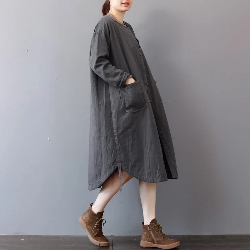 New gray cotton dress plus size stand collar cotton maxi dress Elegant long sleeve autumn shirt dress