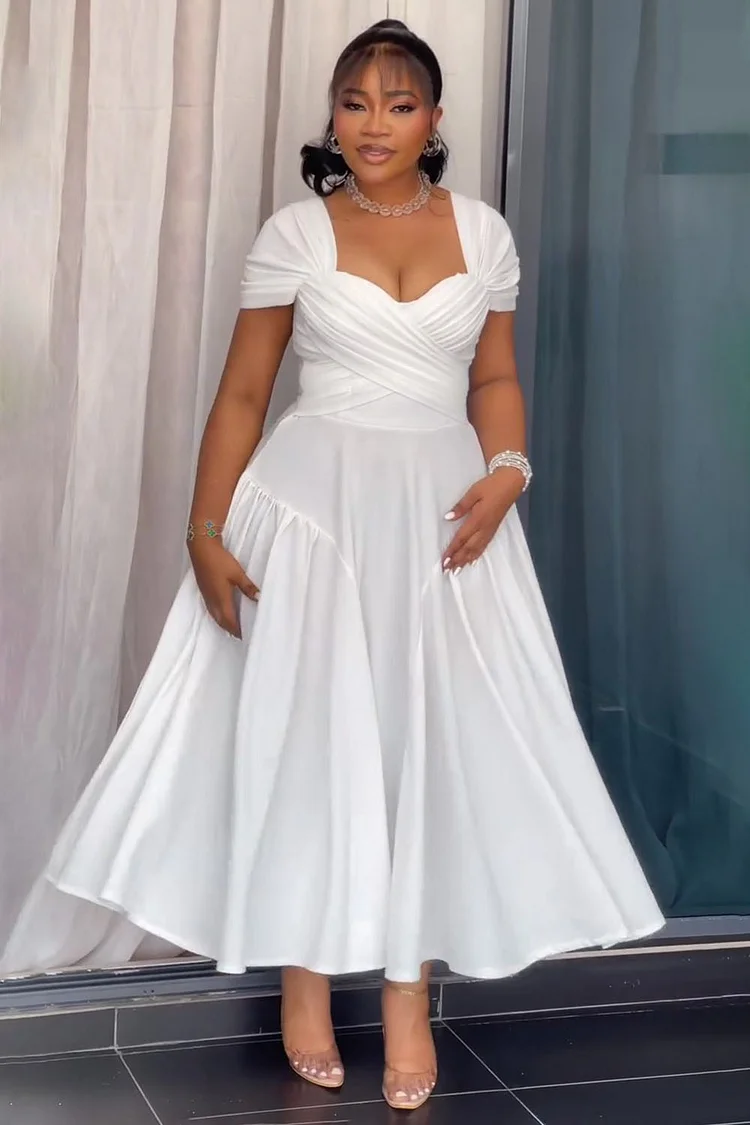 Overlap Design Cap Sleeve Basque Waist Daily Maxi Dresses-White