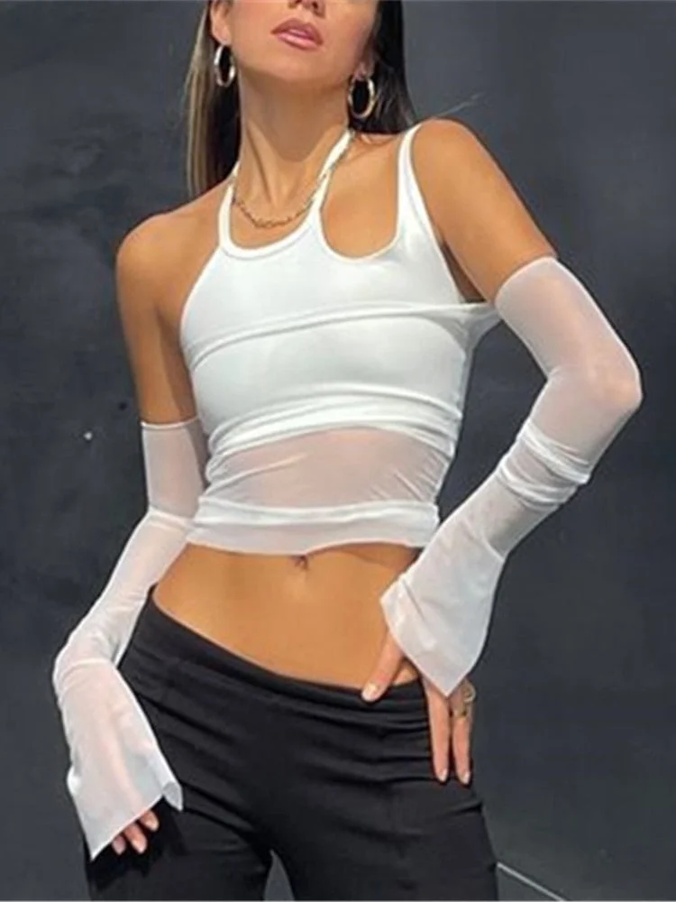 Jacuqeline 2022 Summer Sexy Sheer Mesh Crop Tops Women Irregular Cut Out Halter Tees Fashion Y2K Backless See Through T Shirts