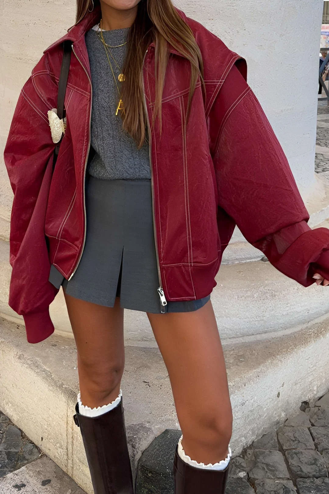 Brownm Solid Color Collier Zipper Jacket