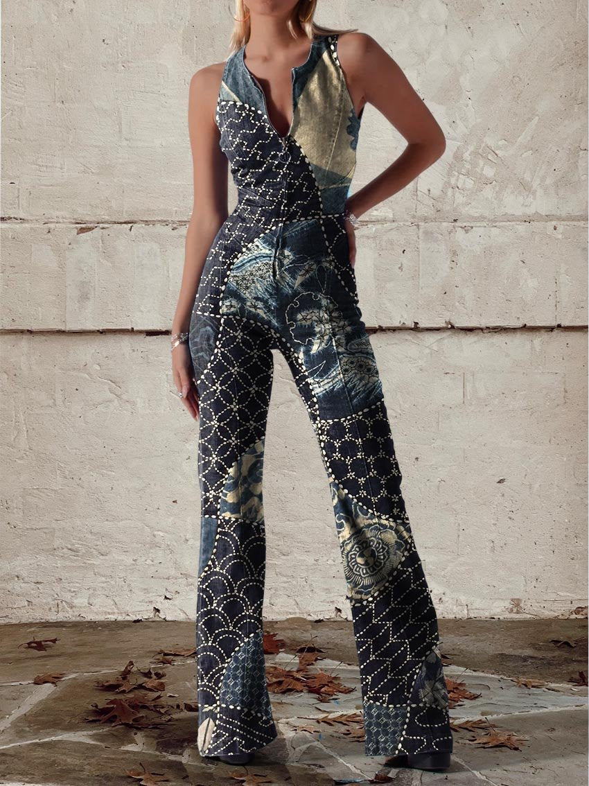 Traditional Pattern Print Casual Vintage Jumpsuit