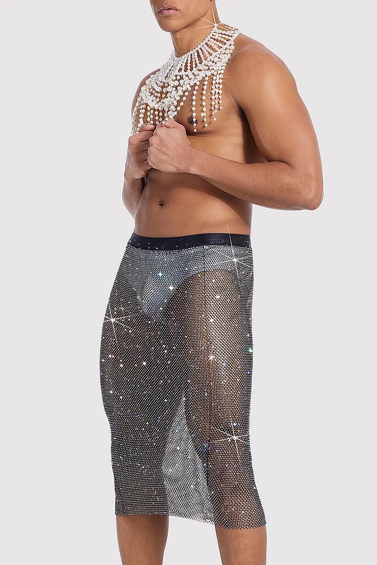 Ciciful Men's Rhinestone Mesh See Through Festival Black Midi Skirt