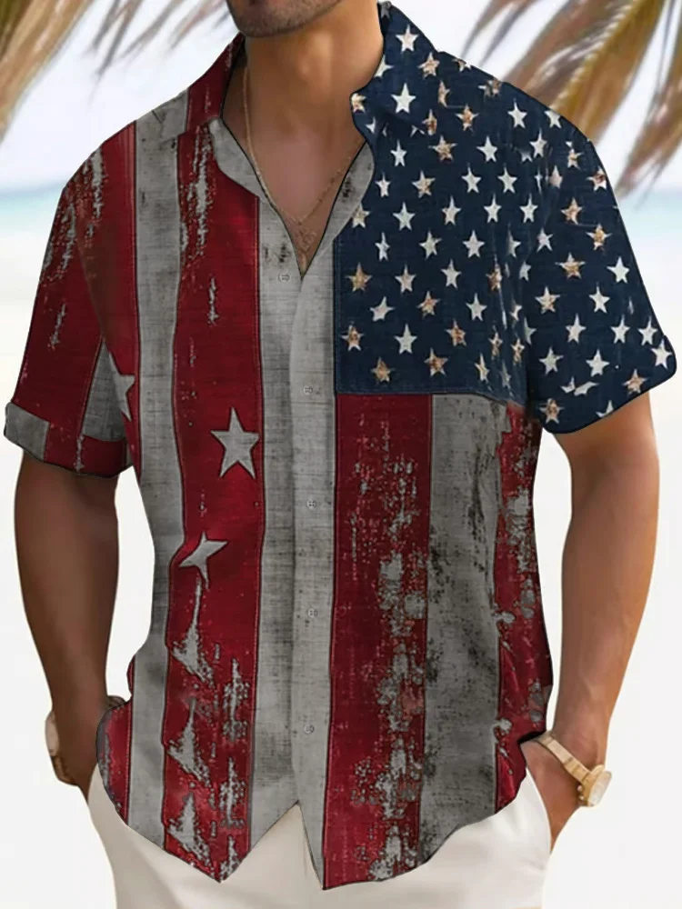 Men's Independence Day Print Lapel Short Sleeve Shirt