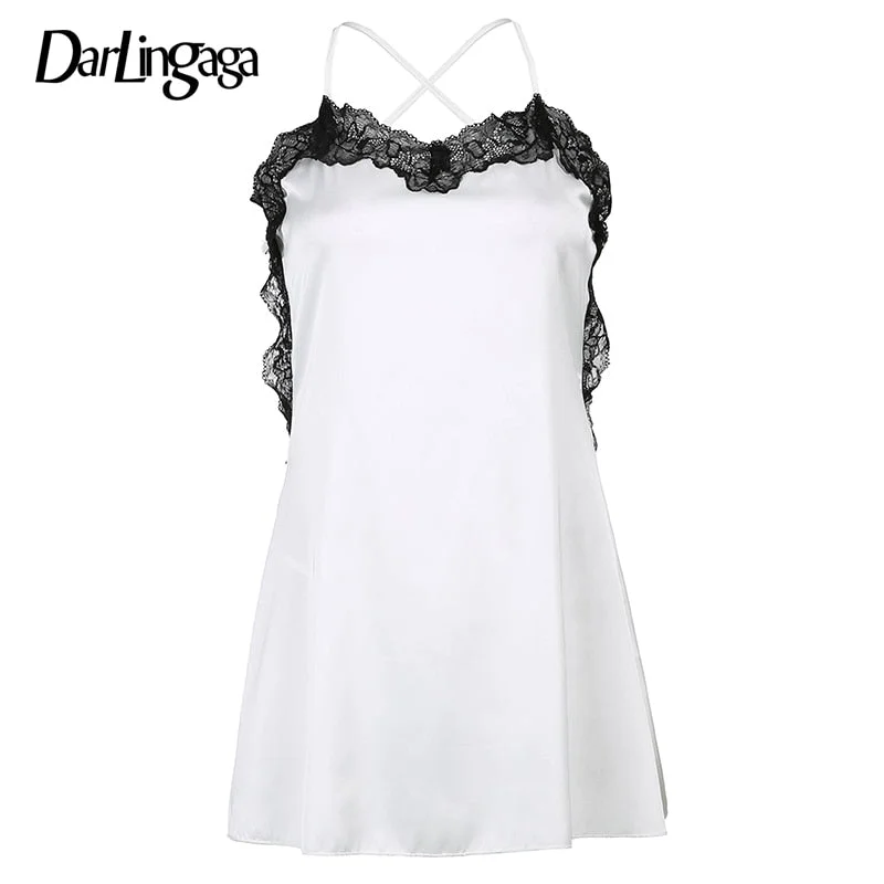 Darlingaga V Neck Lace Trim A-Line Satin White Dress Fashion Strap Mini Summer Dress Female  Backless Party Sexy Dresses Vestido