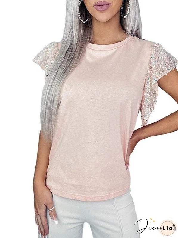 Women'S Sequin Embellished Short Sleeve Round Neck T-Shirt With Ruffle Detail