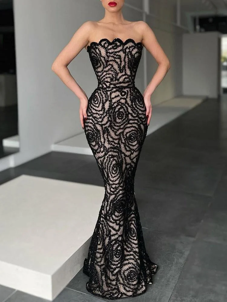 Promsstyle Elegant tube top mermaid black maxi evening dress Prom Dress 2023