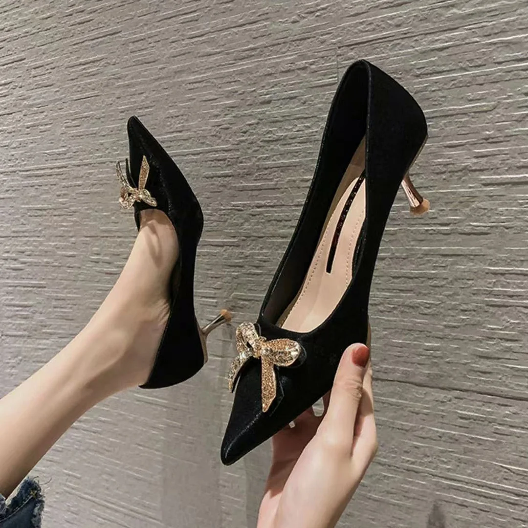 Qengg Woman Pumps Women Shoes Low Heel Silk Woman Pumps Stiletto Banquet Shoes French Pointed Crystal Luxury design Bowknot shoe