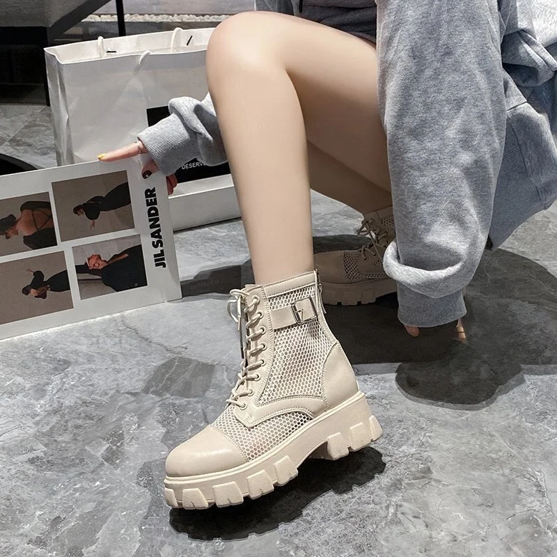 Fashion Women Summer Mesh Lace-up Short Ankle Boots Women's Breathable Hollow Martin Boots Platform Shoes Zapatos De Mujer