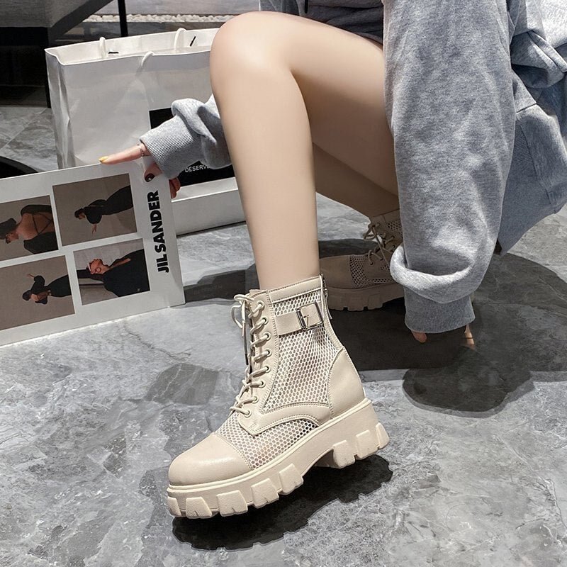 Fashion Women Summer Mesh Lace-up Short Ankle Boots Women's Breathable Hollow Martin Boots Platform Shoes Zapatos De Mujer